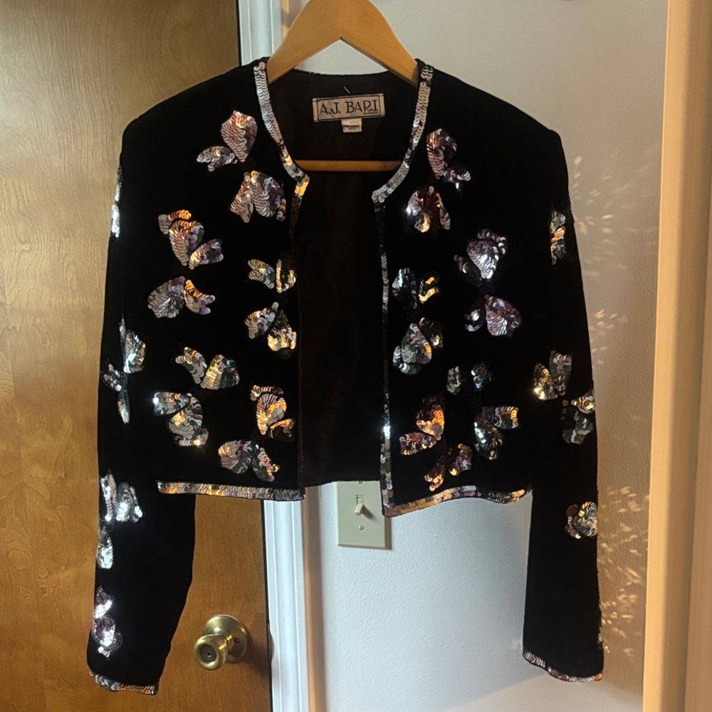 Vintage A.J. Bari Black Velvet Cropped Jacket with Iridescent Sequin Butterflies